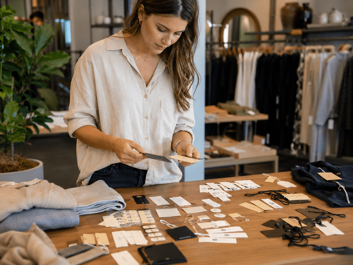 Empleada de tienda eligiendo etiquetas y tags para productos textiles en un comercio