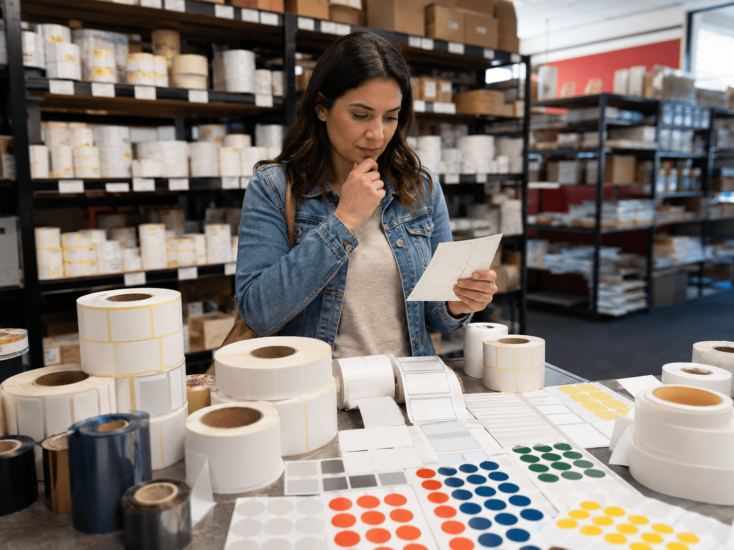Cliente en una tienda de etiquetas comparando distintos tipos de etiquetas adhesivas y ribbons