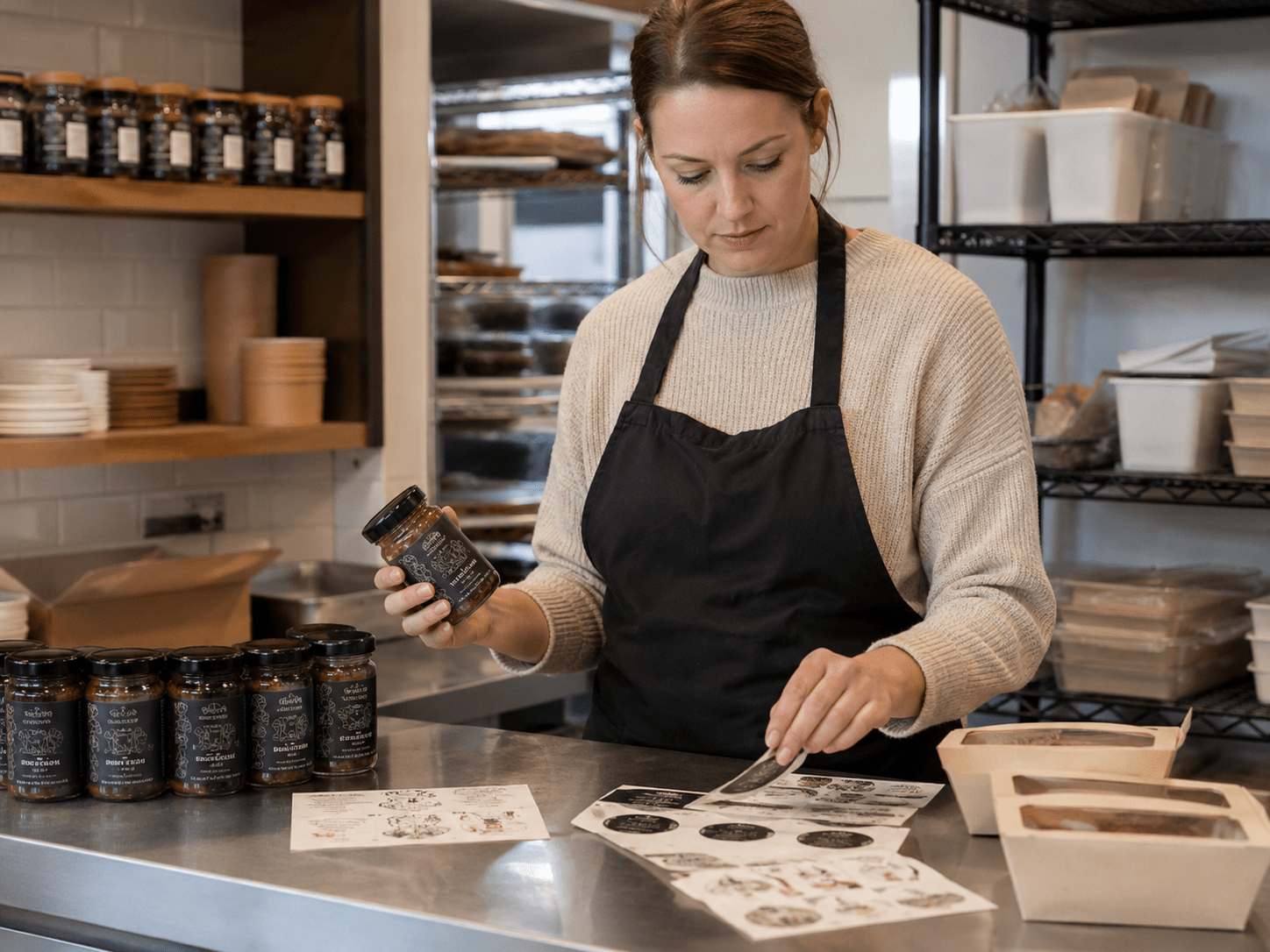 Trabajadora etiquetando productos en un pequeño negocio de alimentación con etiquetas adhesivas