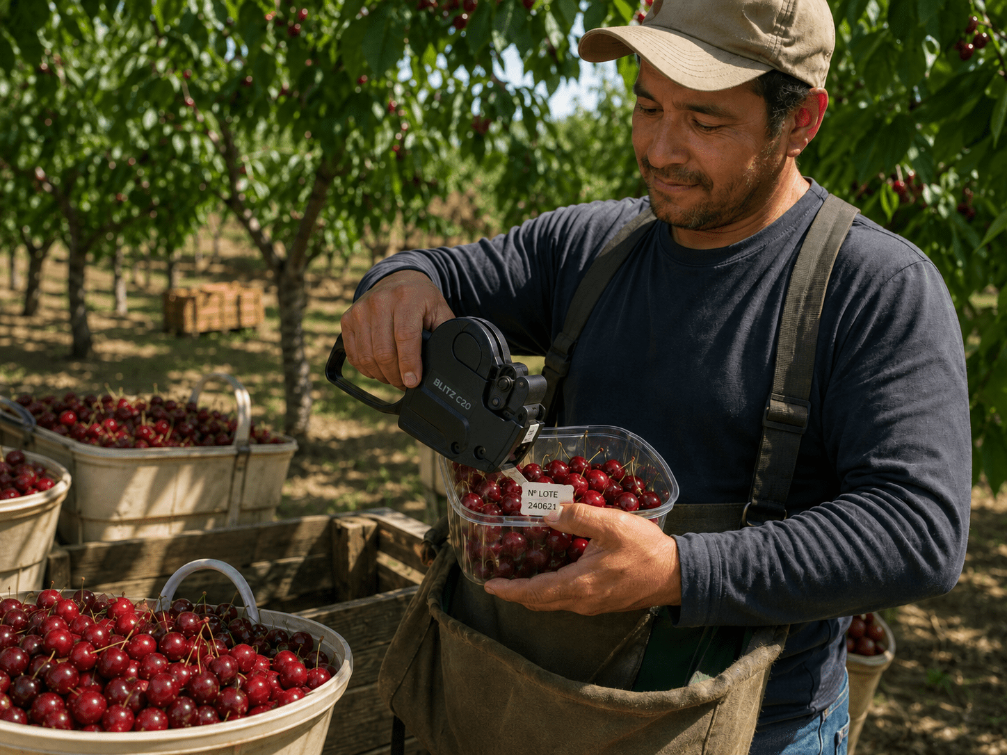 Pegando etiquetas en cajas de frutas para lotes Etiquetandop fruta con lotes