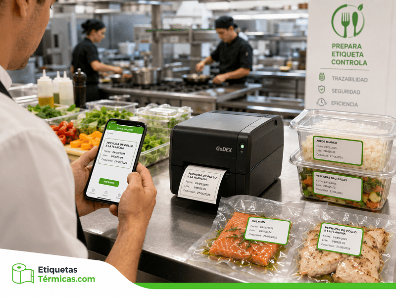 Impresión de etiquetas desde móvil para preparaciones en cocina de restaurante