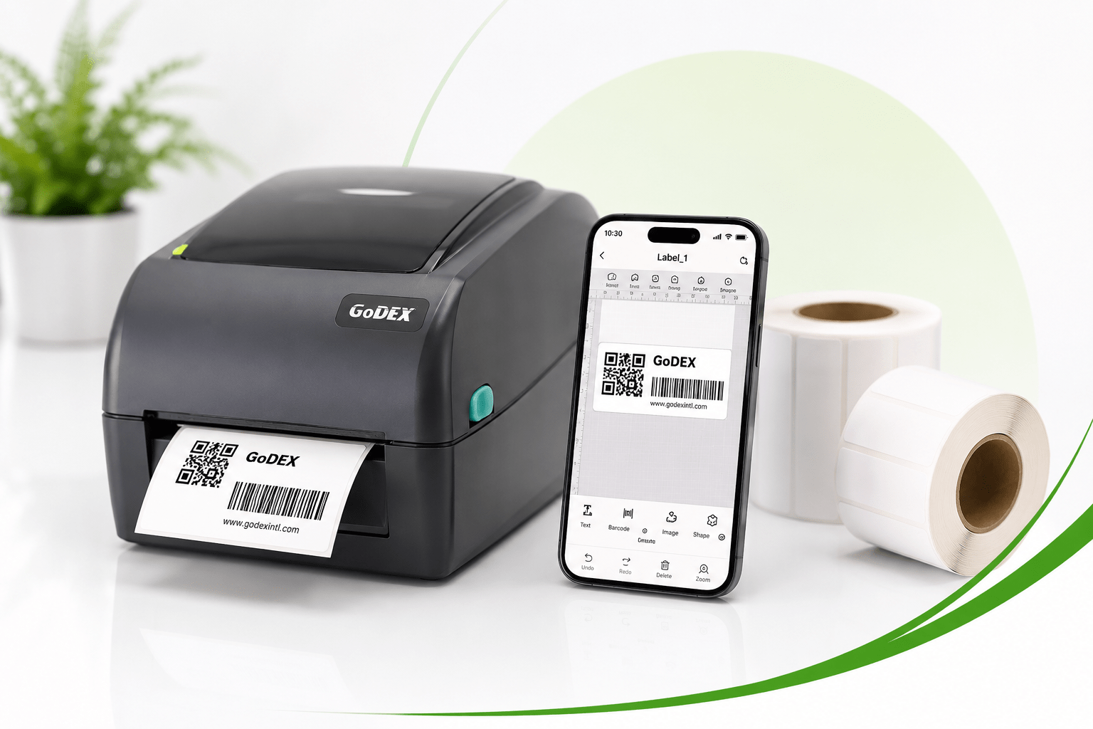 App GoEdit en móvil imprimiendo etiquetas térmicas con impresora Godex