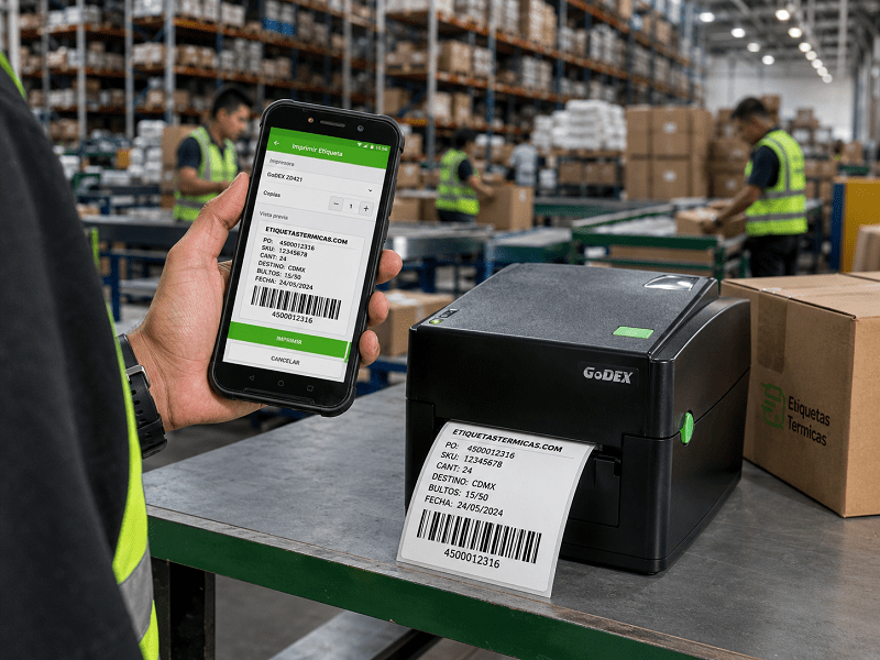 PDA industrial Android imprimiendo etiquetas Godex en almacén logístico