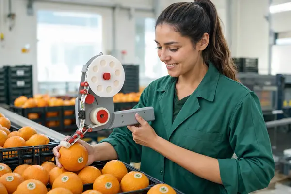 Operaria utilizando una etiquetadora VAIL Apple-Orange para colocar etiquetas redondas en naranjas