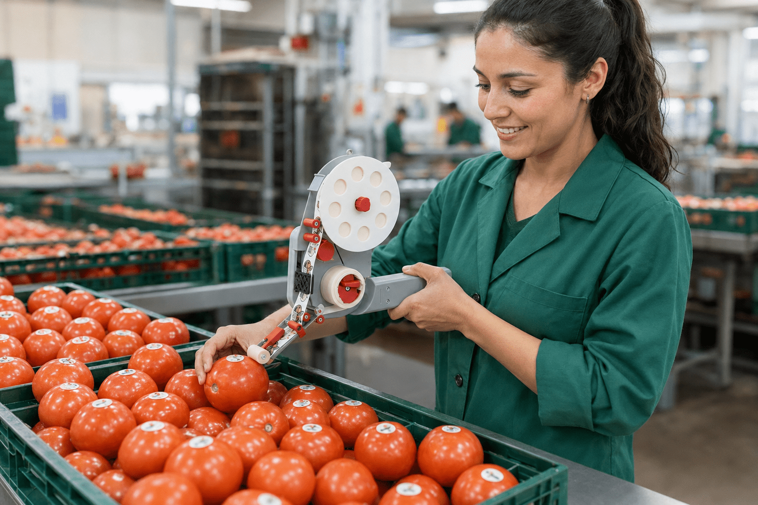 Operaria utilizando una etiquetadora VAIL Apple-Orange para colocar etiquetas redondas en tomates