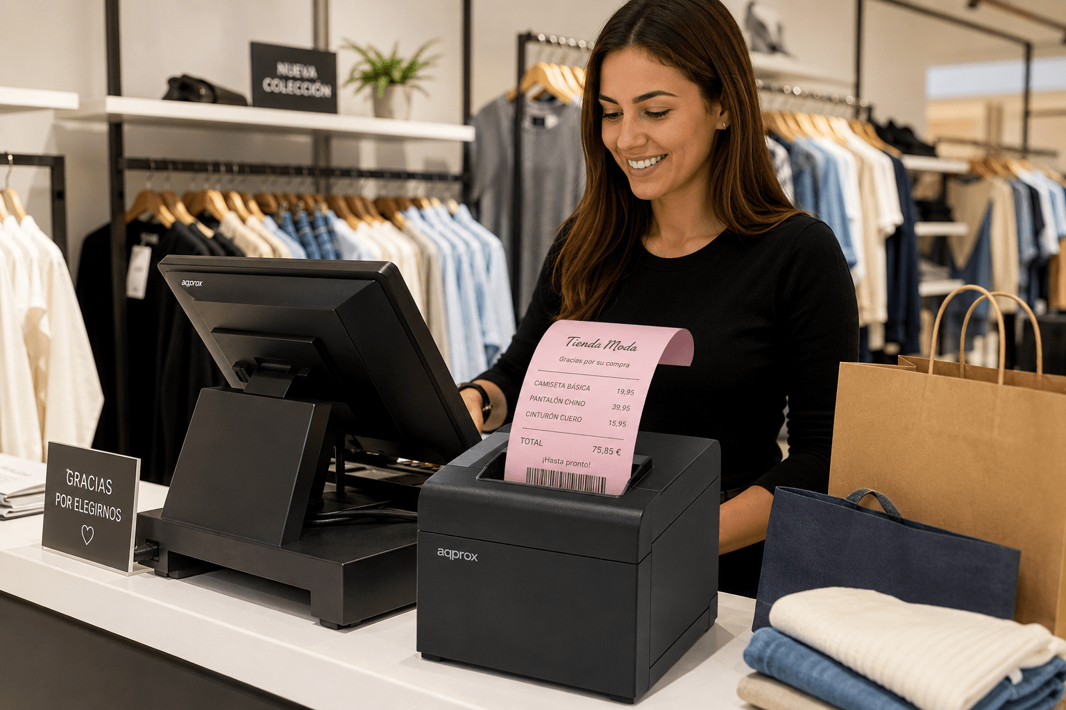 Dependienta de una tienda de ropa imprimiendo un ticket rosa en una impresora térmica TPV junto a bolsas de compra y prendas dobladas