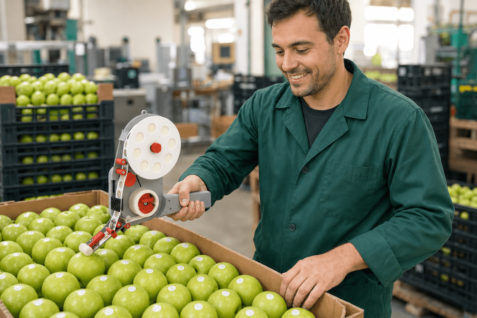 Operario utilizando una etiquetadora VAIL Apple-Orange para colocar etiquetas redondas en manzanas verdes