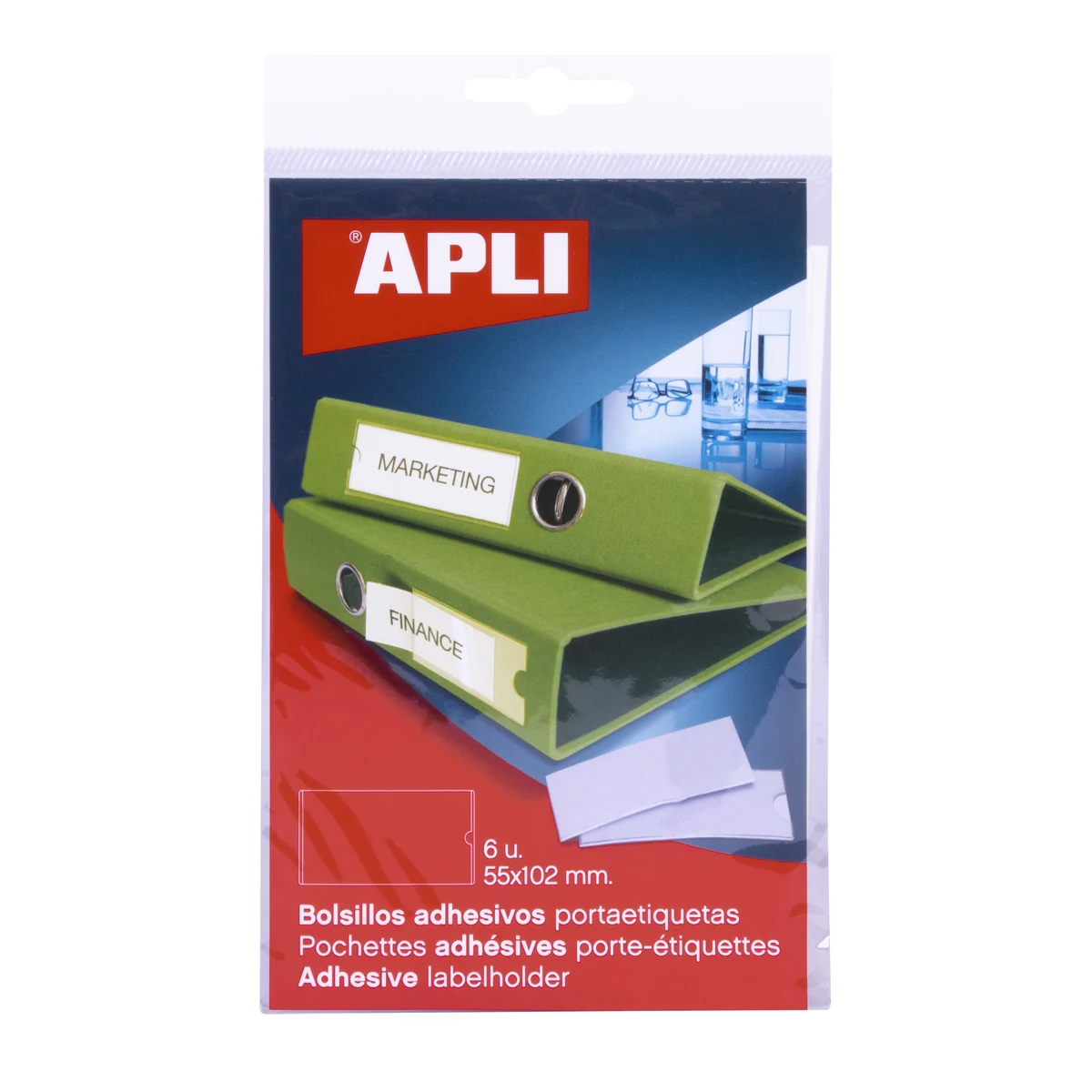 Bolsillos adhesivos APLI 55 × 102 mm para etiquetas (6 uds.)