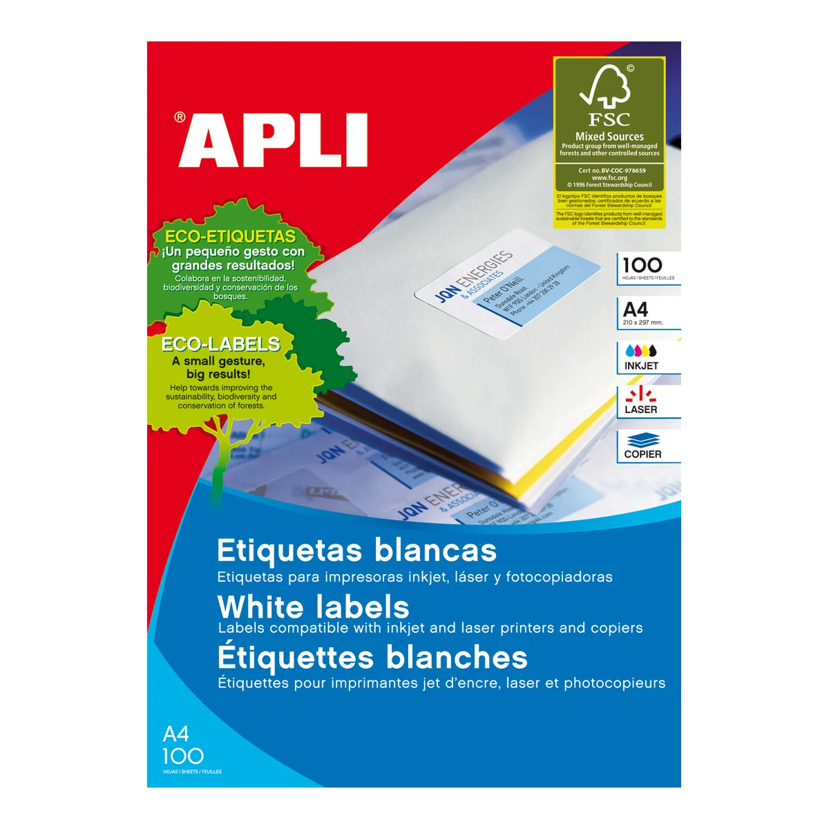 Etiquetas APLI 199,6 × 144,5 mm A4 permanente blanco (200 uds.) - Imagen 3