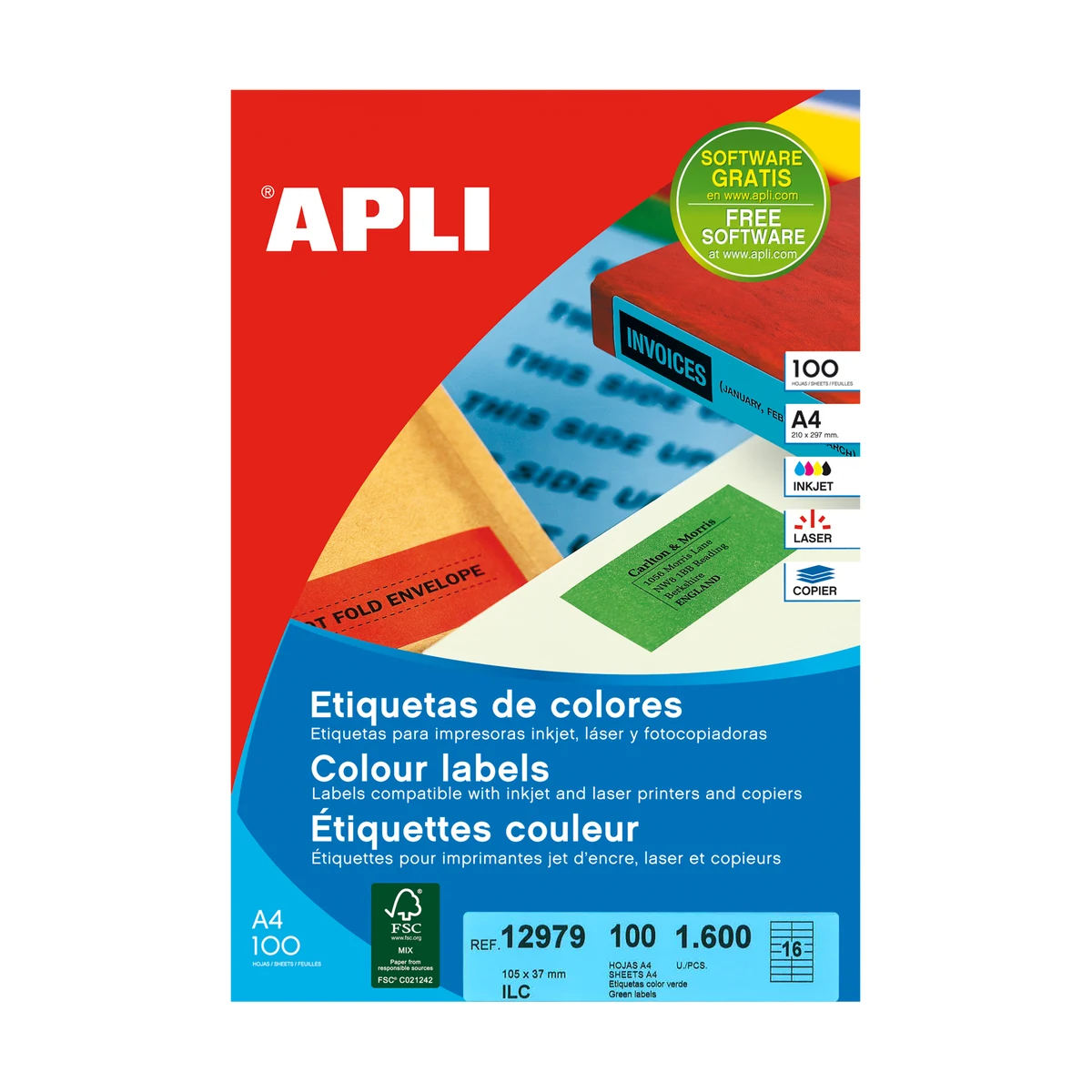 Etiquetas APLI 105 × 37 mm A4 permanente verde (1.600 uds.) - Imagen 3