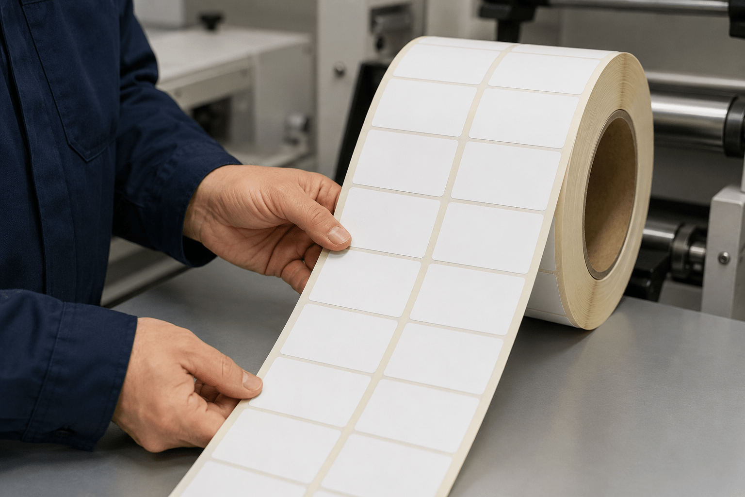 Técnico revisando un rollo con dos columnas de etiquetas adhesivas