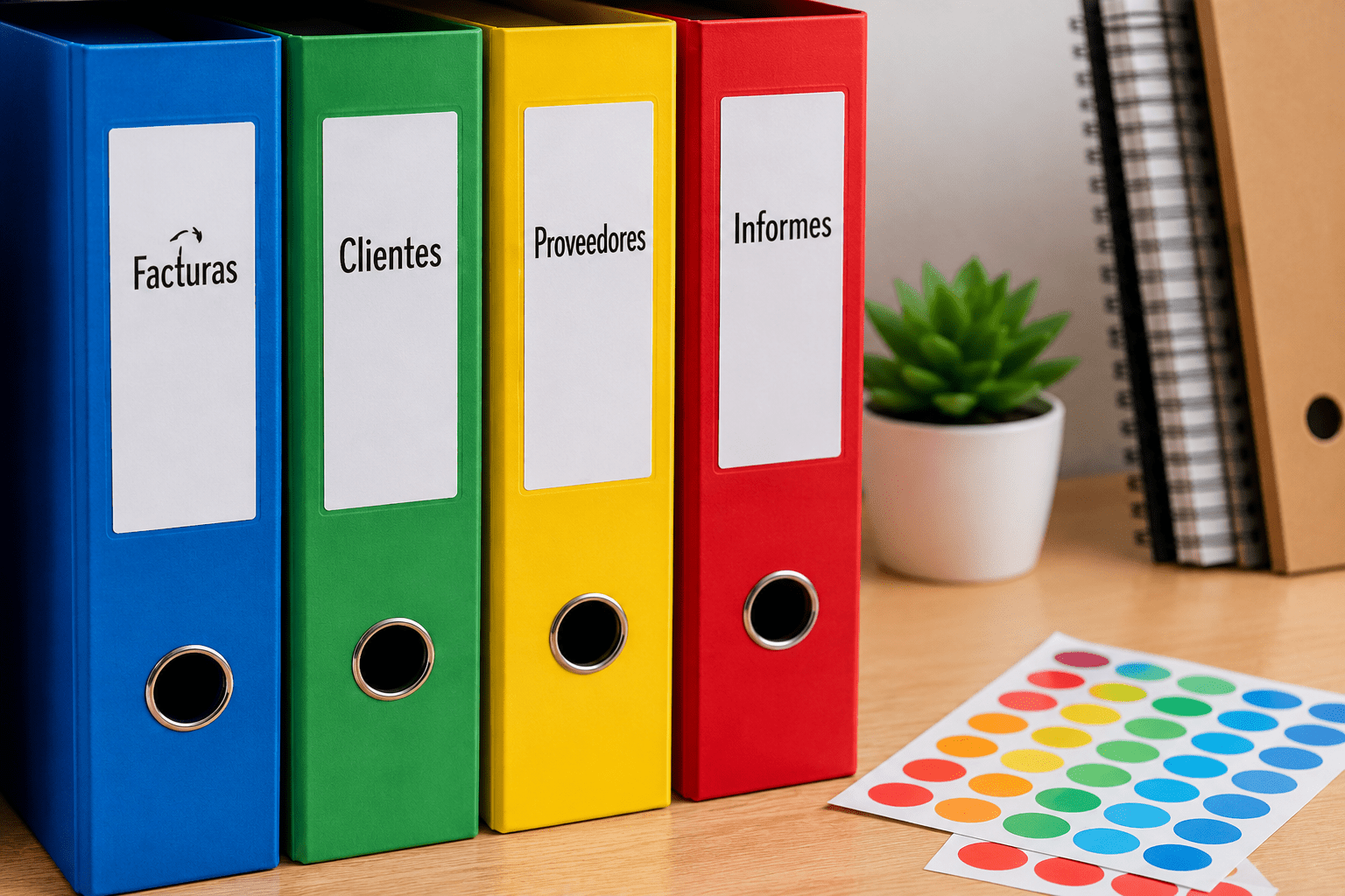 Archivadores identificados con etiquetas APLI y adhesivos de colores