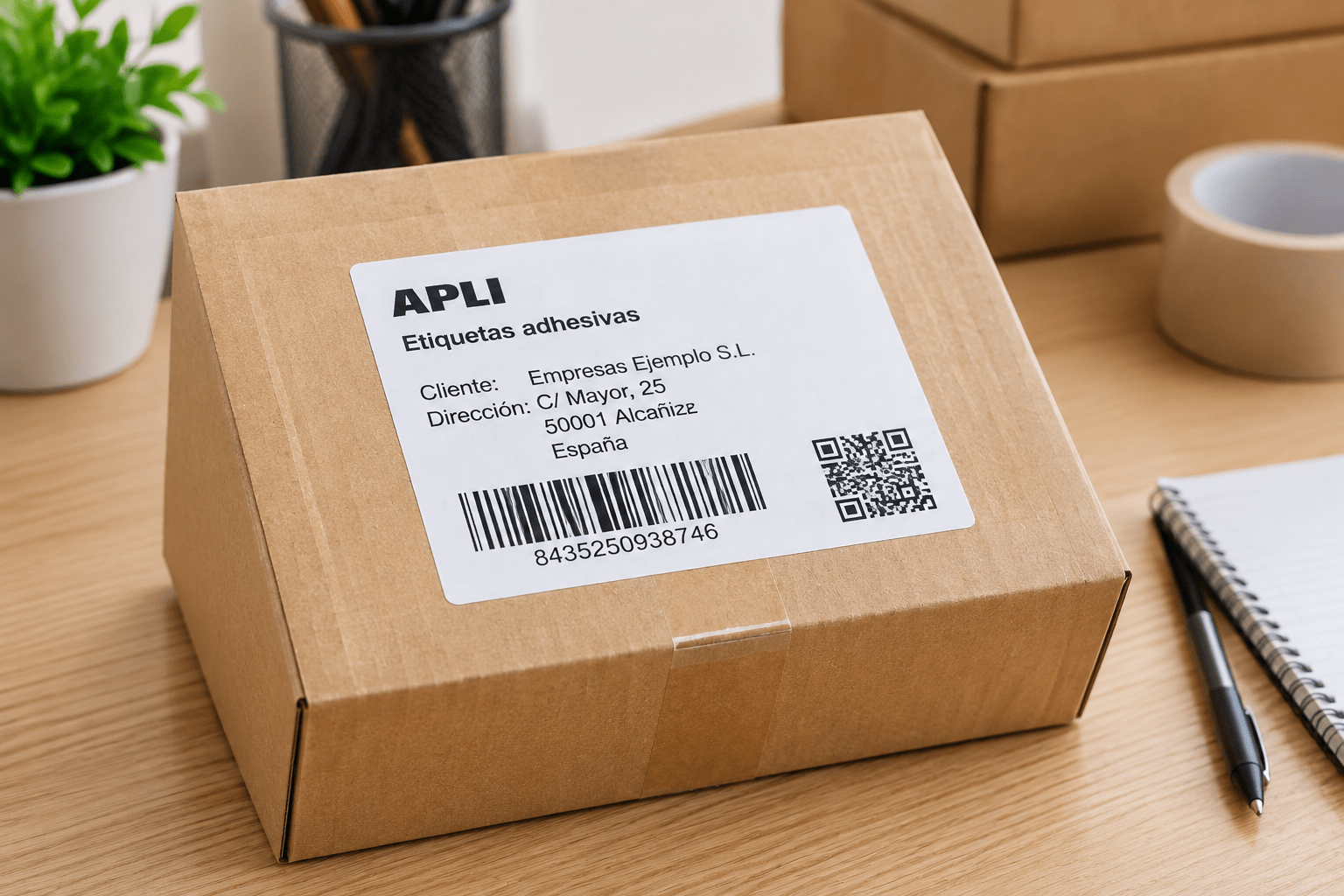 Etiqueta APLI adhesiva en caja de envío con código de barras y QR