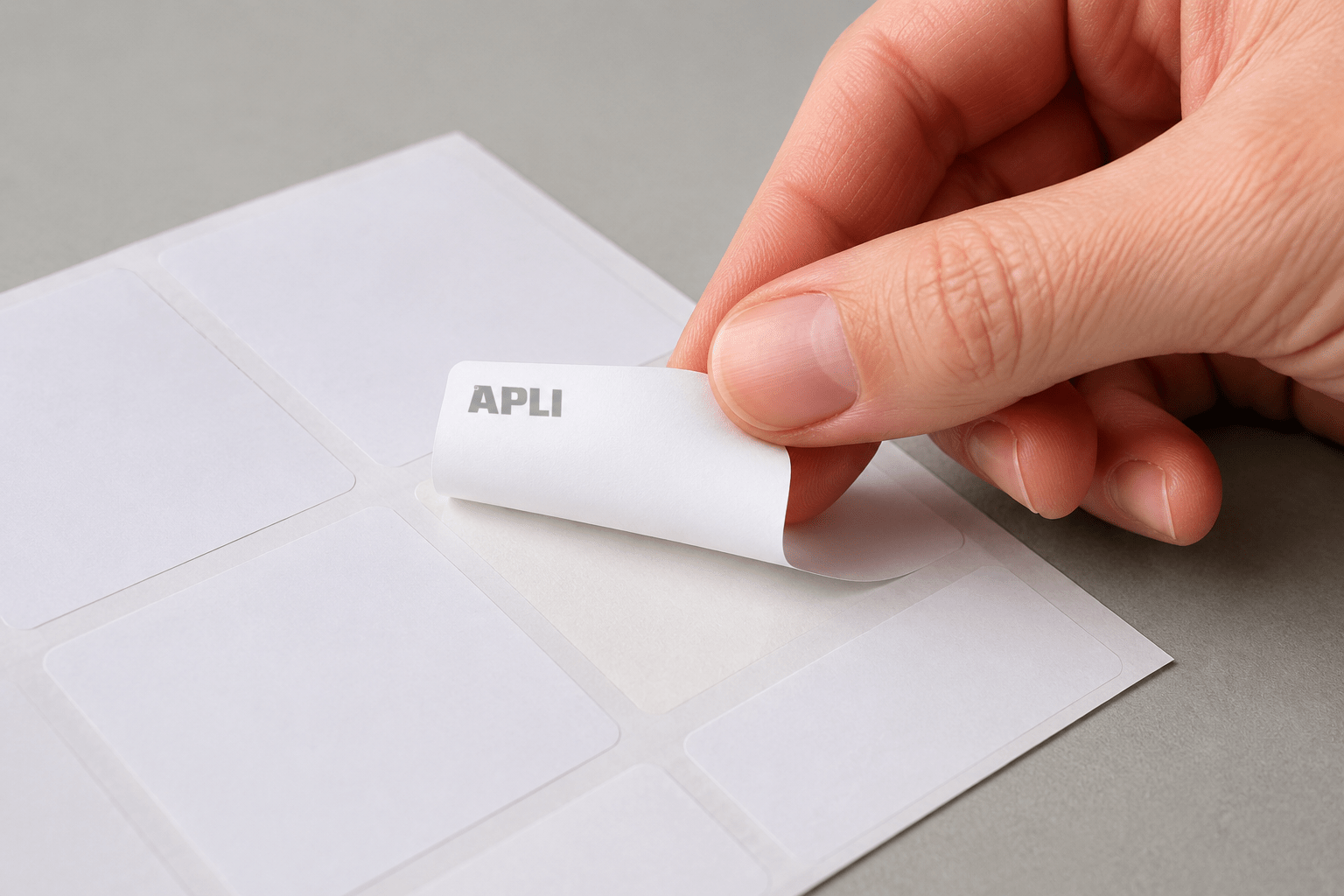 Mano despegando una etiqueta APLI removible de una hoja adhesiva