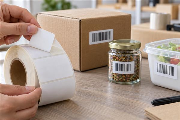 Rollo de etiquetas térmicas adhesivas junto a una caja de cartón y envases de vidrio y plástico