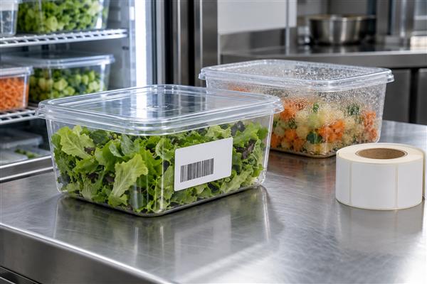 Envase con etiqueta térmica junto a otro recipiente con condensación en una cocina refrigerada